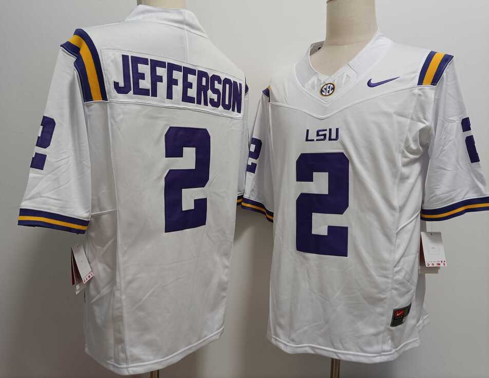 Mens LSU Tigers #2 Justin Jefferson White FUSE College Stitched Jersey